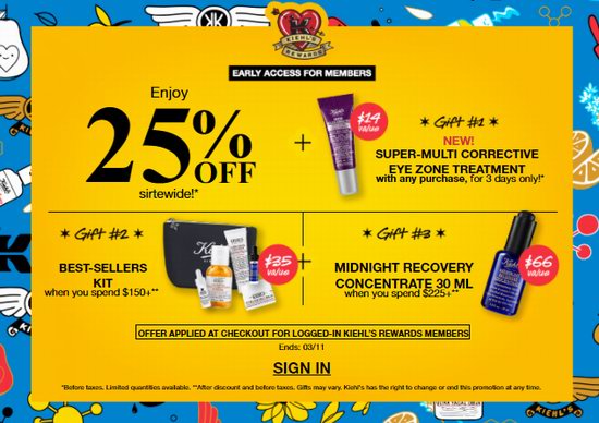 Kiehl's 科颜氏亲友会大促！全场7.5折+满送价值115加元7件套大礼包+正装午夜精华！