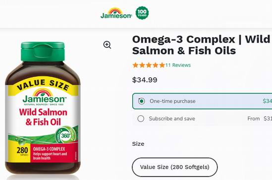 白菜价！Jamieson 健美生 野生三文鱼油 Omega-3胶囊（280粒）超值装3.8折 13.29加元！
