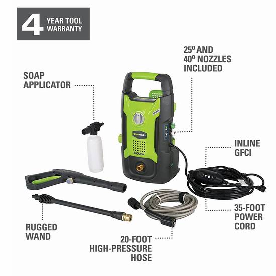 洗车利器 Greenworks GPW1602 13安培 1600 PSI 泡沫壶 电动高压清洗机6.2折 99.99加元包邮！