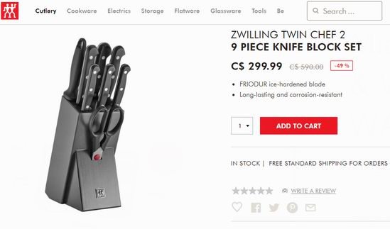 白菜价！ZWILLING 双立人 Twin Chef 德国不锈钢刀具9件套2.8折 165.69加元包邮！