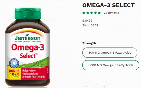 爆款！白菜价！Jamieson 健美生 Omega 3深海鱼油（200粒）3.2折 9.95加元！