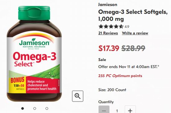 爆款！白菜价！Jamieson 健美生 Omega 3深海鱼油（200粒）3.2折 9.95加元！