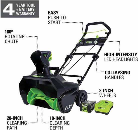 Greenworks PRO 20英寸 80伏 充电式无绳铲雪机7.1折 398.99加元包邮！