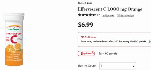 Jamieson 天然橙味泡腾维生素C 1,000 毫克 2.4加元（shoppers售价 6.99加元）