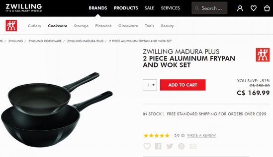 白菜价！Zwilling 双立人 Madura Plus 超耐用不粘底煎锅+中式深炒锅2件套2.3折 81.25加元包邮！兼容所有炉头！