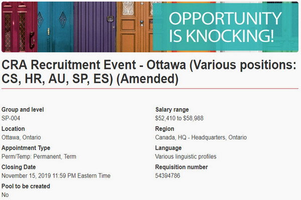 缩略图 | 加拿大税务局11月15日大型现场招聘会：超多职位，免费入场！